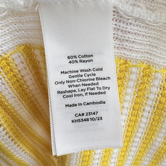 TALBOTS M Crewneck Knit Sweater Scallop Trim Yellow White Stripe Preppy Coastal - Picture 10 of 12